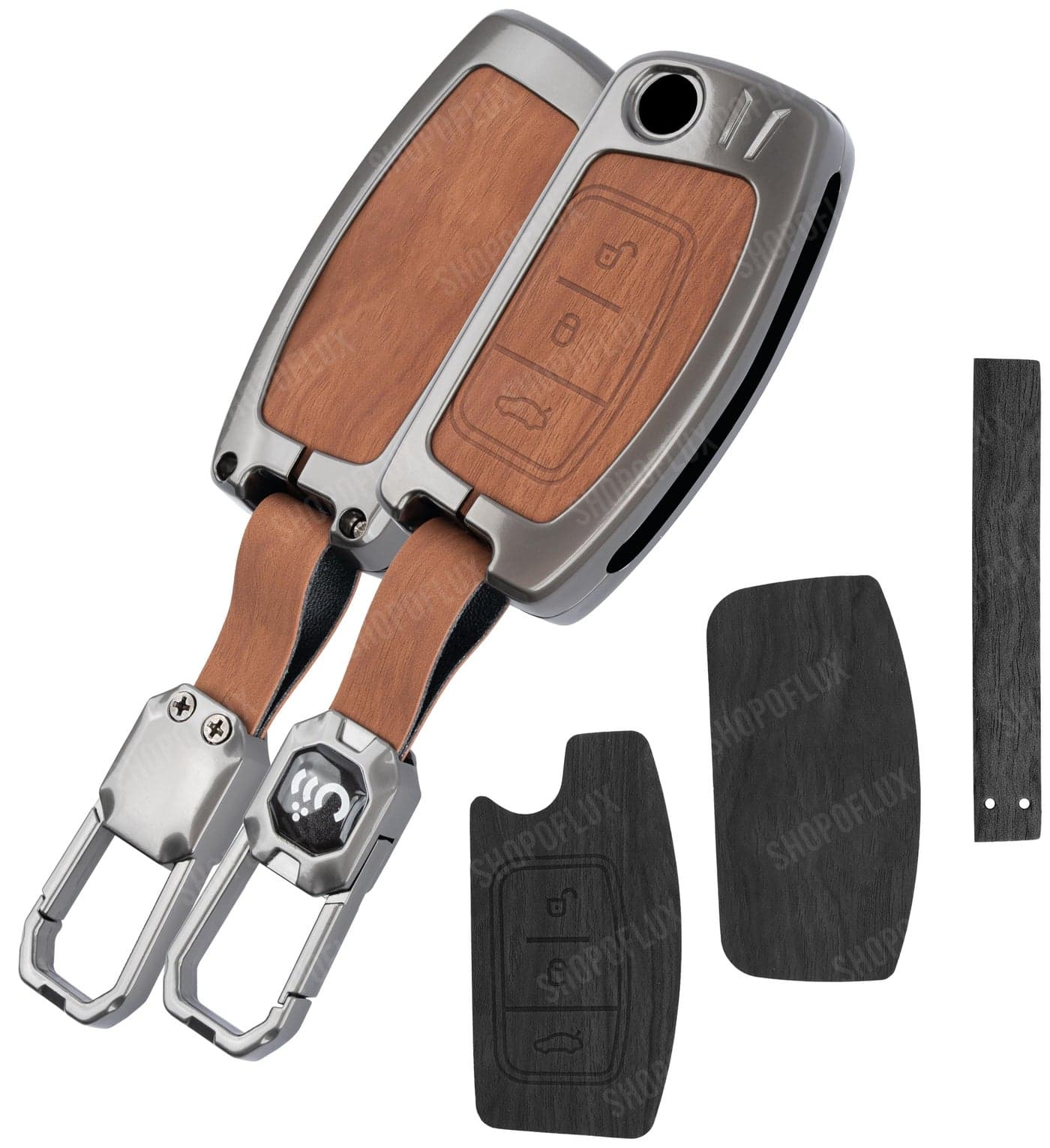 SHOPOFLUX Metal Key Cover Compatible for Ford Old Ecosport | Fiesta | Figo 3 Button Flip Key (Black Brown Leather)