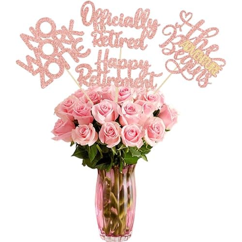 Ephlyn 16Pcs Happy Retirement Centerpiece Sticks Officially Retired Table Flower Centerpieces Sticks No Work Zone Floral Decorations for Farewell Birthday Party Centerpieces Supplies Rose Gold