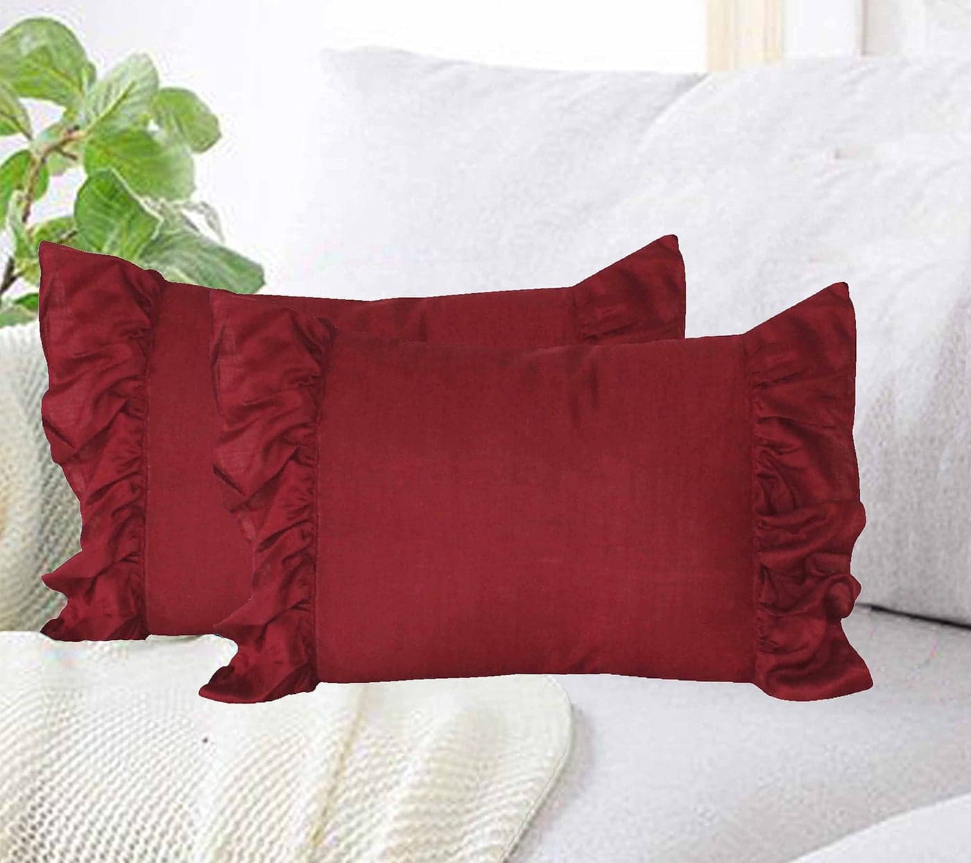 Dekor World 2 Piece Regular Cotton Ruffle Collection Pillow Cover (Maroon, 18x27 inches or 45x70 cm)-for Living Room and Bedroom