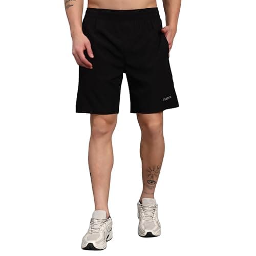 ATICX Polyester Shorts for Men - Quick Dry Lightweight with Zipper Pockets - Gym, Running, Jogging, Training Half Pants for Basketball, Swimming, Badminton, Outdoor & Home Wear, Simply Black, XXL