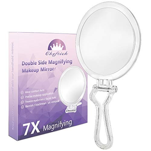 Cheftick Double Sided Hand Held Mirror - 1X & 7X Magnifying Handheld Makeup Mirror with Adjustable Folding Handle, Portable, Transparent & Round (6")
