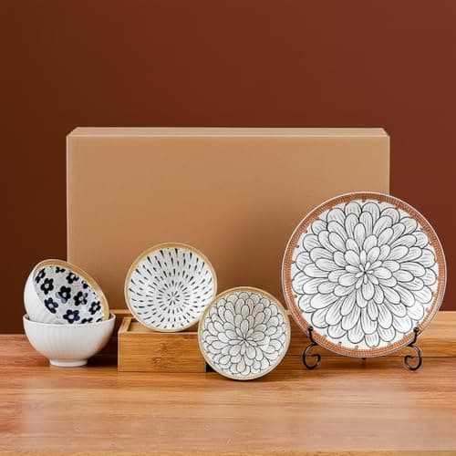 KUCHIFY Bohemian Ceramic Dinnerware Set – 6 Pcs Multicolor Style Mandala Plates & Bowls, Microwave & Dishwasher Safe, Elegant Gift Box, Eco-Friendly Tableware for Home & Wedding