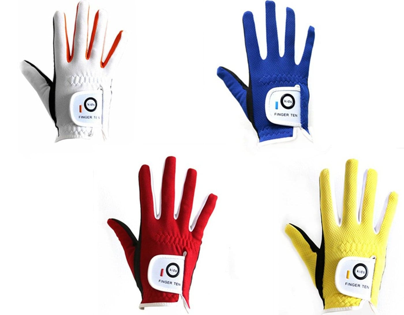 FINGER TEN Junior Kids Dura Feel White Blue Red Yellow Golf Gloves Extra Value 2 Pack (Small Blue, Right)