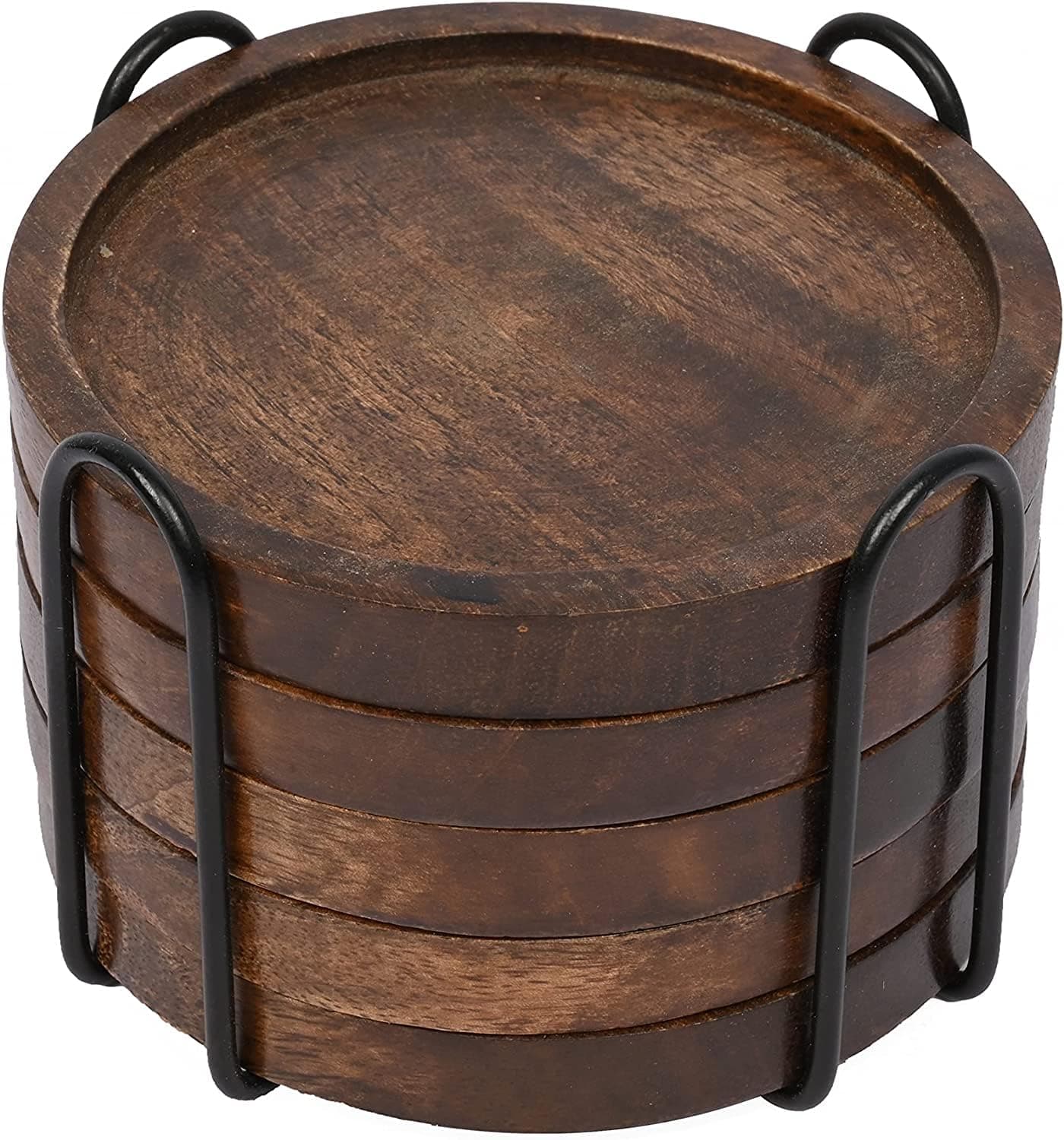 SAMHITA Mango Wood Coasters for Drinks with Iron Holder Stand Set of 5 for Countertop and Surfaces from Water Marks or Damage 45 x 45 x 05