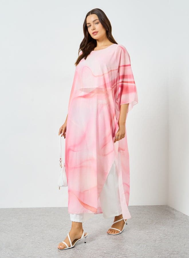 Pink Marble Print Side Slit Dress with Wide Leg Pants Co-Ords