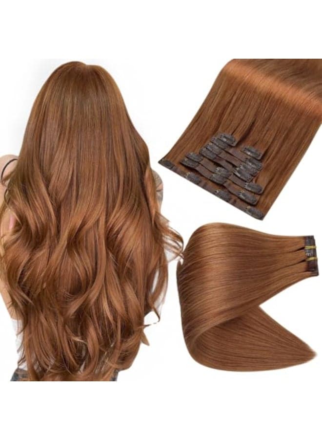 Full Shine Clip in Hair Extensions Copper Brown Human Hair 18 Inch Clip in Real Hair PU Weft Copper Red Human Hair Clip ins Extensions Auburn Brown Natural Ends 120 Grams 8 PCS