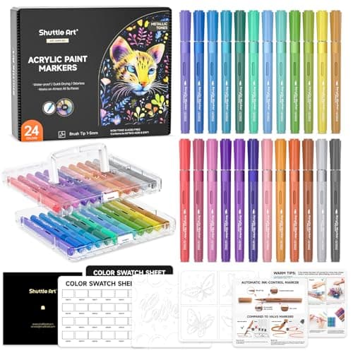 Shuttle Art Automatic Ink Control Acrylic Paint Markers 24 Metallic Colors Brush Tip Acrylic Paint Pens for Rock Painting Ceramic Wood Canvas Glass Stone Fabric Card DIY Football Crafts