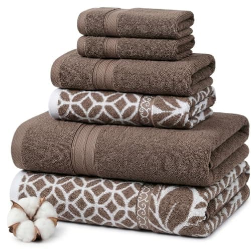 Modern Threads Botanical Vine 6-Piece 100% Cotton Towel Set – Reversible Yarn Dyed Jacquard – Includes 2 Bath Towels, 2 Hand Towels, 2 Washcloths – Absorbent, Quick Dry, Soft & Durable – Taupe Brown