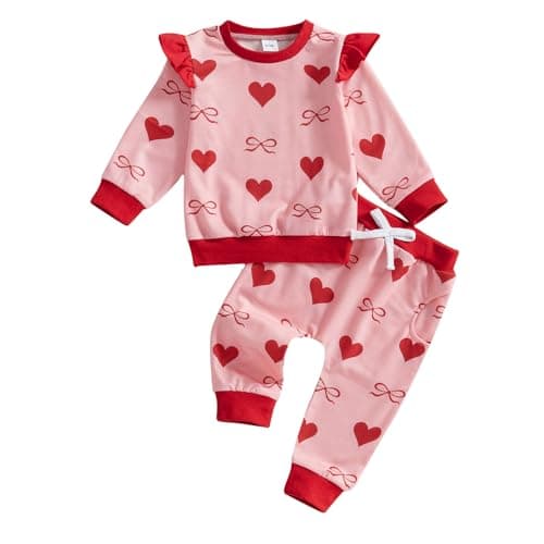 DuAnyozu Baby Girl Valentines Outfit Winter Clothes Heart Print Long Sleeve Sweatshirts Pants Toddler Infant Clothing (d-Red, 18-24 Months)