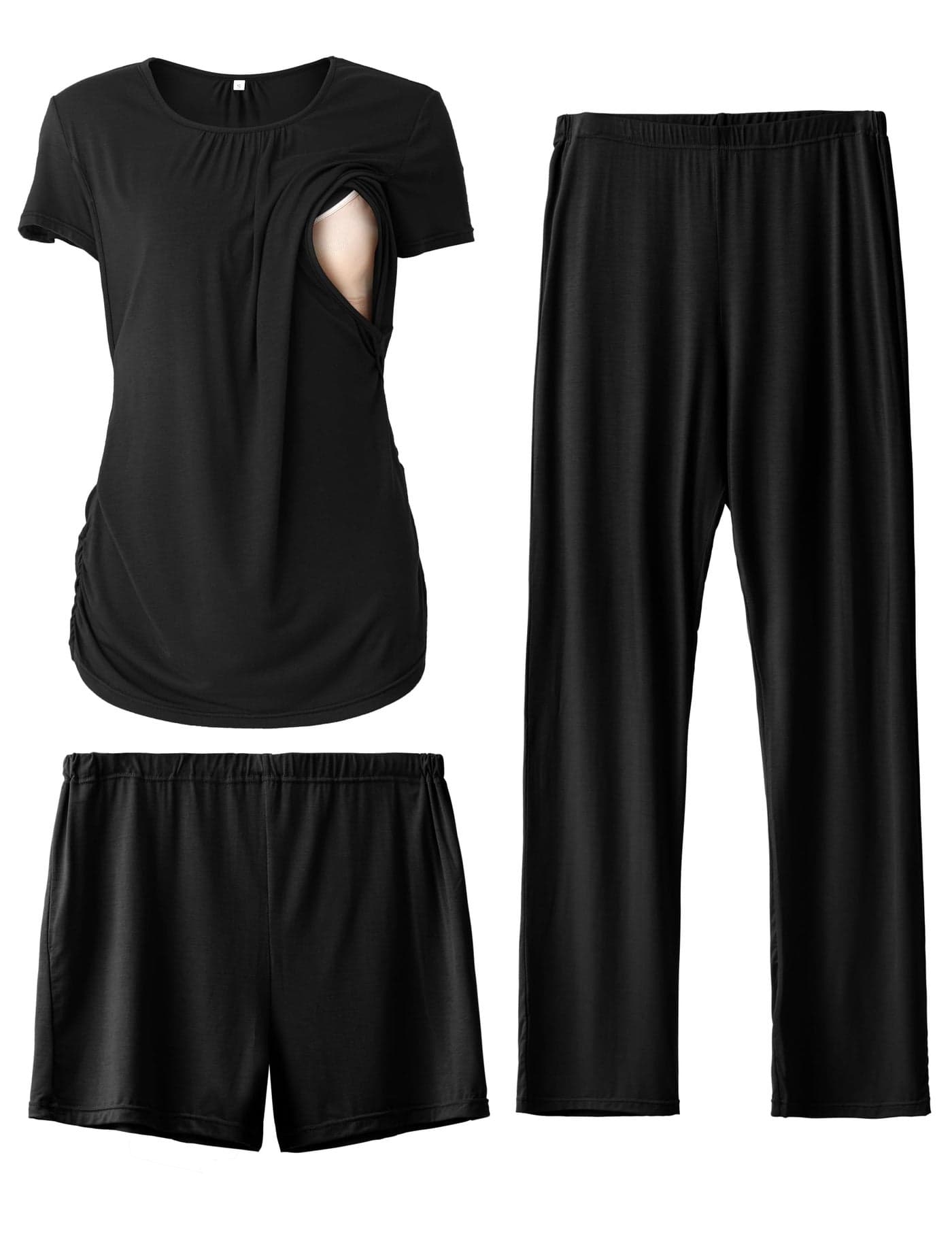 SUNNYBUY Womens Maternity Nursing Pajamas Set Short Sleeve Breastfeeding ShirtsPregnancy Shorts Pants 3 Piece Nursing PJS Black L