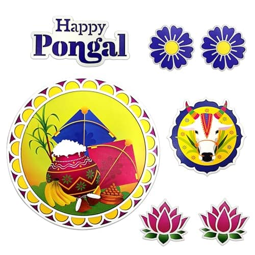 Pongal Decoration Items பொங்கல் நல்வாழ்த்துக்கள் | Reusable Pongal Floor, Table & Wall Decorations for Home & Office with Happy Pongal Text, Bull, Lotus & Flower Cut-Outs | Design No- (c) Circle