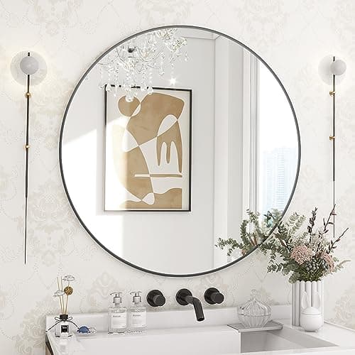 BEAUTYPEAK 24 Inch Round Mirror, Metal Frame Circle Mirror, Wall Mounted for Entryway, Bathroom, Vanity, Living Room, Black