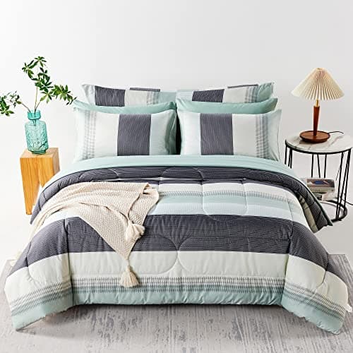 RYNGHIPY Sage Green Striped Comforter Set, Geometric Lightweight Soft Bedding Set, All Season Down Alternative Men Boy Comforter with Sheets Pillowcses (Queen,Sage Green)
