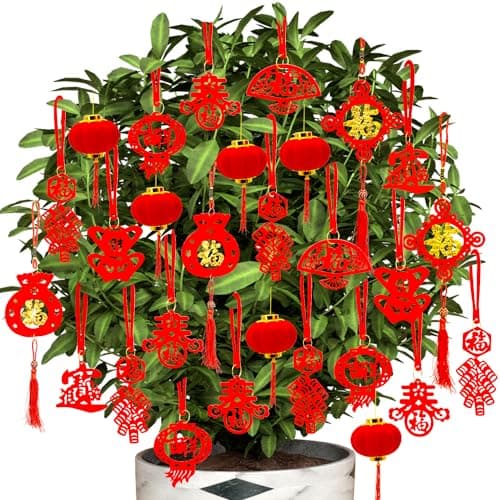 Doumeny 58PCS Chinese New Year Decorations Set 2026 Spring Festival Mini Hanging Horse Pendant Chinese Knot Small Red Lantern Good Luck Fu Ornaments for New Year Office Home Tree Outdoor Indoor Decor