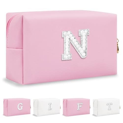 Personalized Birthday Gifts Initial Letter Makeup Bag for Women,Pearl Rhinestone Patch Cosmetic Bag Toiletry Bag,Pink Cute Preppy Make Up Bag,Monogram Christmas Gift for Teen Girls Mom Friend Wife,N