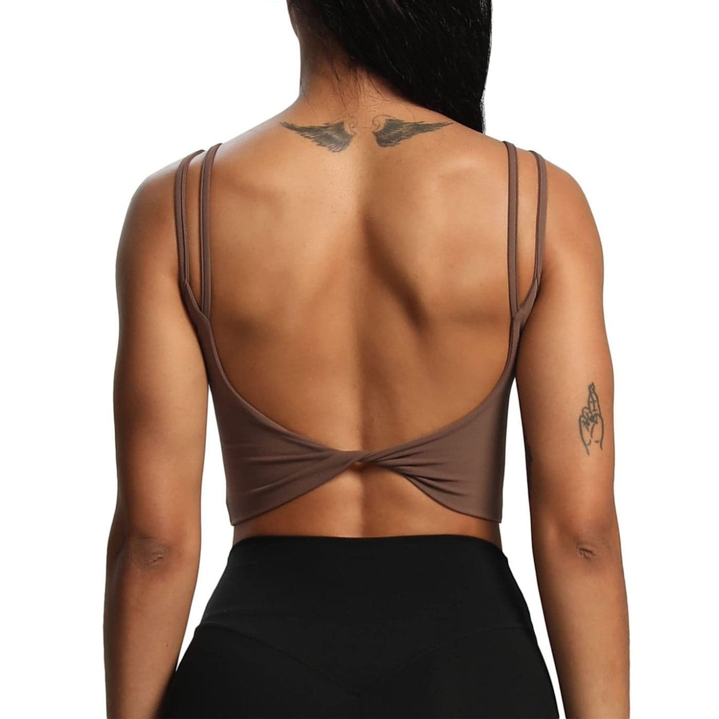 Aoxjox Women's Workout Sports Bras Fitness Padded Backless Yoga Crop Tank Top Twist Back Cami (Fudge Coffee, Large)