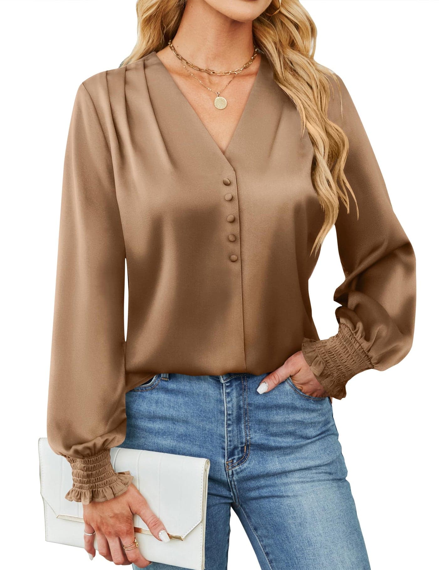 BMJL Women's Blouses Dressy Casual Satin Silk Long Sleeve Shirts Business Casual Tops(Camel,L)