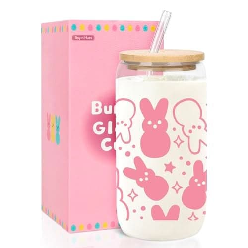 BOYIN HUES Easter Bunny Cup, Easter Gifts for Women Girls Kids, Teens Basket Stuffers, Cute 16oz Glass Iced Coffee Cup with Lid And Straw (Pink)