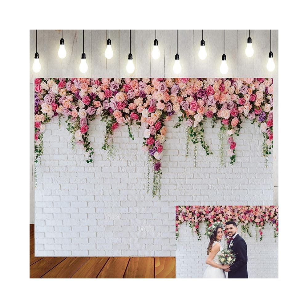 LTLYH 10x8ft White Brick Wall Flowers Background Spring Theme Photography Backdrop for Mothers Day Valentine Wedding Bridal Baby Shower Birthday Party Decor Banner Portrait Photo Booth Prop 134