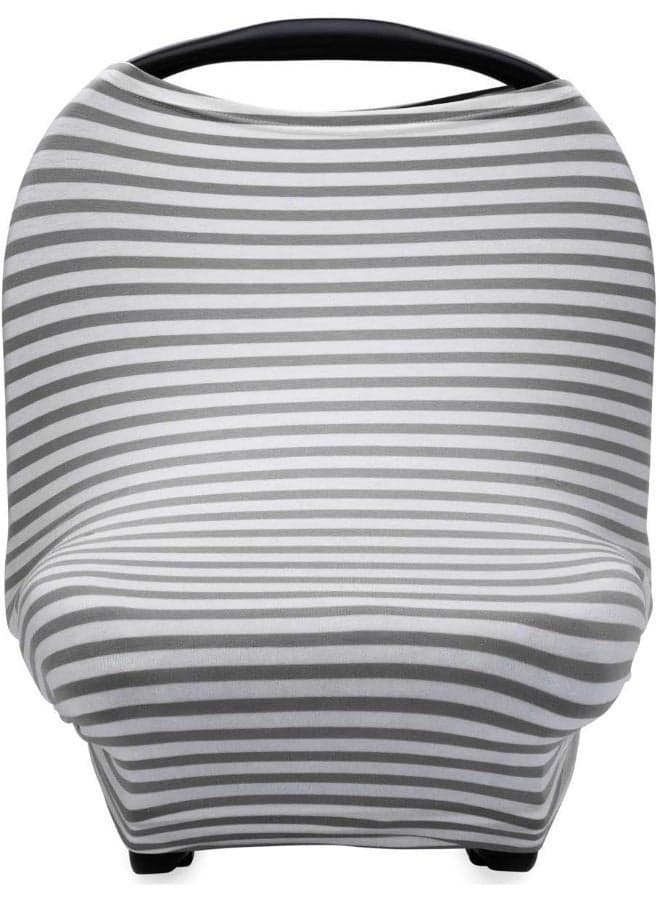 Parker Baby Co. The Good 4 in 1 Car Seat Cover for Girls and Boys - Stretchy Carseat Canopy, Nursing Cover, Grocery Cart Cover, Infinity Scarf - Grey/White Stripes