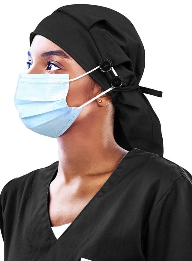 Silk Lined Work Cap with Button for Long Ponytail Hair Women Black