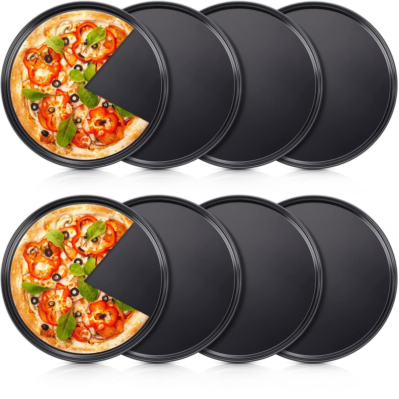 Meanplan 8 Pcs Non Stick Bakeware Pizza Pan Round Pan for Oven Carbon Steel Oven Tray Pie Baking for Home Restaurant Kitchen Baking Supplies Black10 Inch