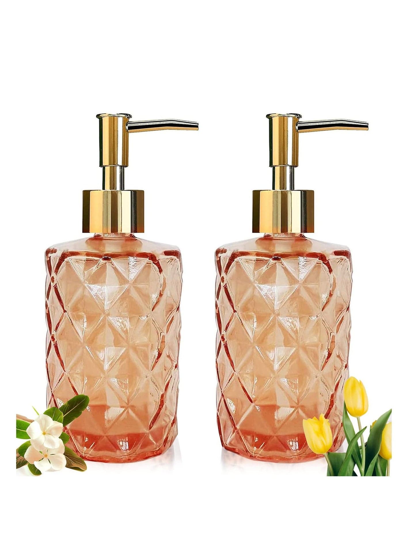 Glass Soap Dispenser, 11oz Refillable Liquid Hand Dispenser with Gold Plastic Rustproof Pump, 2 Pack Lotion for Bathroom, Kitchen Countertop, Hotel, Home Decor(Amber)