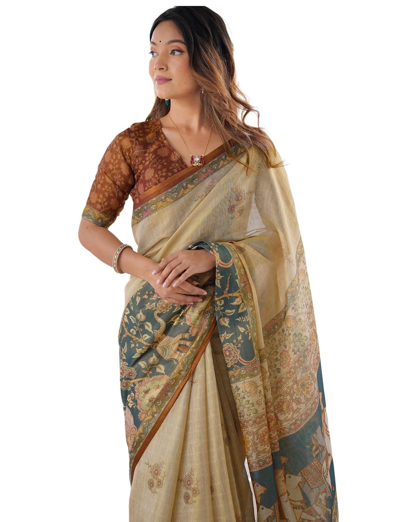 SIRIL Women's Cotton Linen Pichwai Printed Handloom Saree with Unstitched Blouse Piece (4363S384_Grey & Beige)