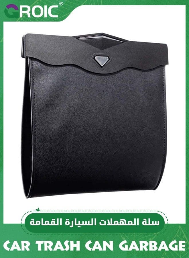 Black Hanging Car Trash Bag with Smart LED, Magnetic Pouch,Waterproof PU Leather Garbage Can, Multipurpose for Back Seat