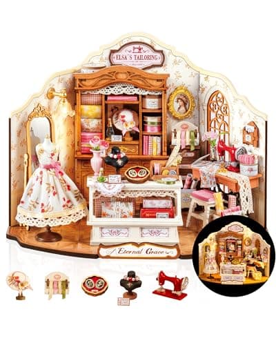Rolife DIY Miniature House Kit Elsas Tailoring Mini Dollhouse Kit for Adults Mini Room Building Kit for Teens DIY Craft Kits for Parents Friends Girls Boys Elsas Tailor Shop