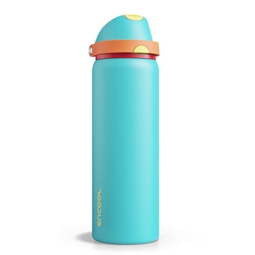 Insulated Water Bottle with Straw - Encool Stainless Steel Water Bottle with Push Button Lid, Leak-Proof & BPA-Free, Keeps Cold for 24 Hours for Sports, Travel, Gym (32 oz, Cerulean Blue)