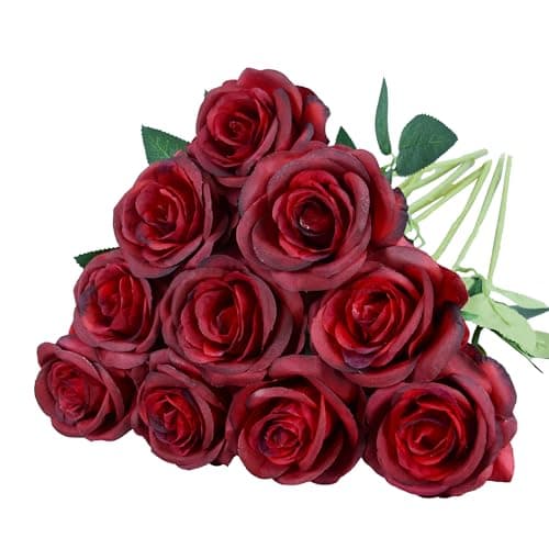 Eternal Blossom 10pcs Wine Red Rose Artificial Flower,Artificial Rose Silk Flower 50cm Fake Rose Blossom Bridal Bouquet for Home Wedding Decor (Wine Red)