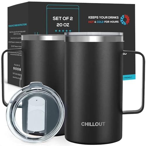 CHILLOUT LIFE Stainless Steel Vacuum Insulated Coffee Mug 20 oz (Set of 2) with Handle and Lid, Large Thermal Camping Coffee Mugs with Sliding Lid for Men & Women, Keeps Your Beverages Hot & Cold