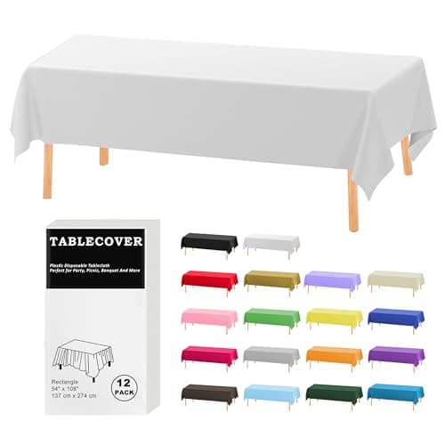 DZ Plastic Table Cloth Disposable 12 Pack White Rectangle Tablecloth Individually Wrapped for IndoorOutdoor 54 x 108 Inch Table Cover for Party Picnic Birthday Wedding Dinner