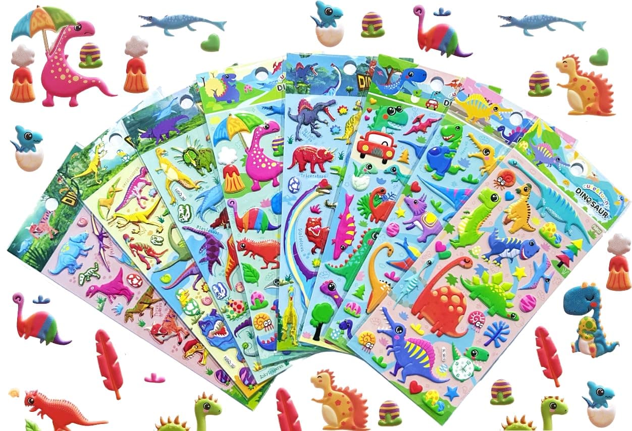 SUPER TOY 3D Puffy Dinosaur Stickers for Kids & Toddlers 4 Strap of 120+ Animal Stickers Self Adhesive T-Rex, Spinosaurus, Triceratops, Diplodocus Scrap Book Decoration for Boys & Girls