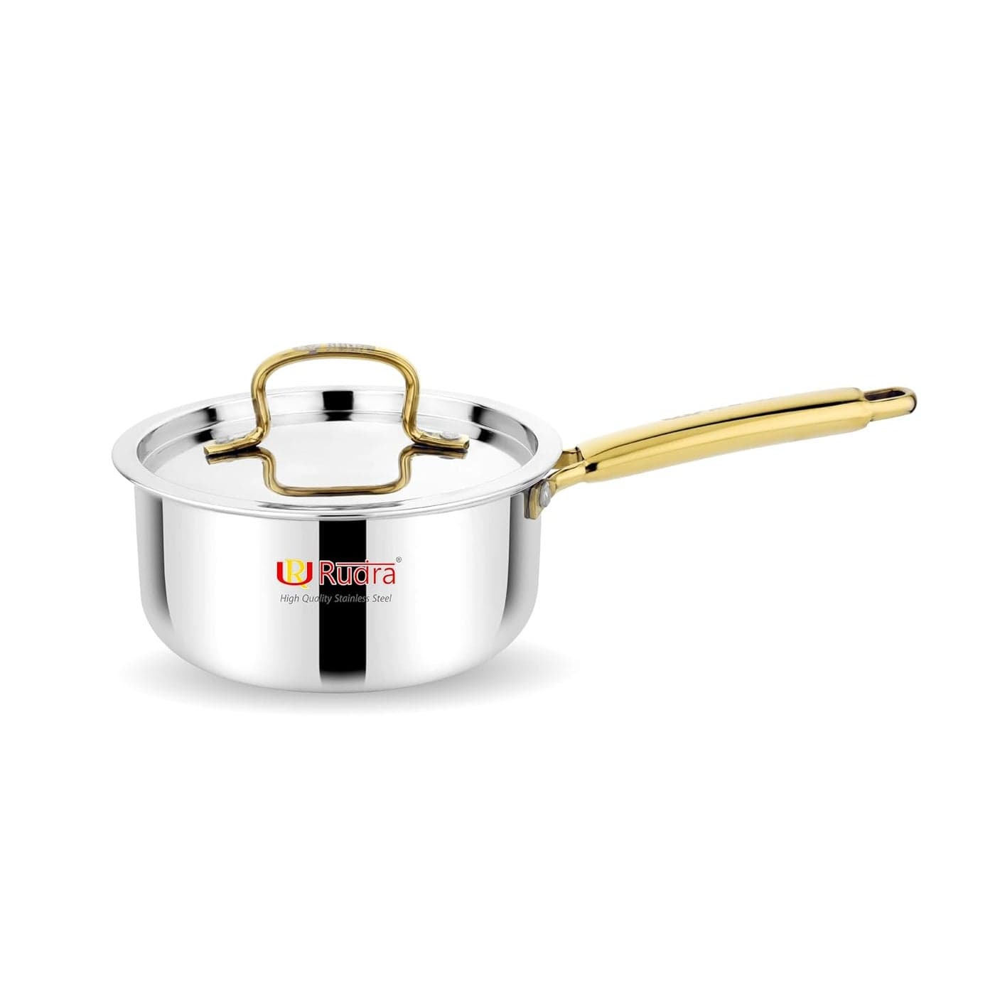 Rudra Triply Stainless Steel Cookware Saucepan Gold with Lid 25mm Thick Tea Chai Milk Pan for Boiling Induction Base 5 Years Warranty 14 cm