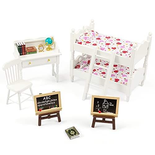 SAMCAMI Miniature Dollhouse Furniture 1 12 Scale Wooden Dollhouse Bed Set Doll House Furniture Toys Incl Doll Bed Desk Books blackboards and Other Dollhouse Accessories