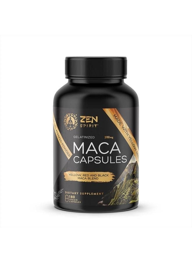 Maca Root Capsules Gelatinized - Yellow, Red & Black Powder Blend - Organic & Vegan Certified - 180 Pills 500mg - Supplement for Men and Women