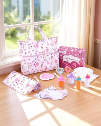 BABESIDE Baby Doll Accessories 12 Pcs Baby Doll Diaper Bag Playset with Changing Mat Magic Bottles Role Play Gift for Girls 3 Fits Dolls up to 20 Inch Doll Not Included
