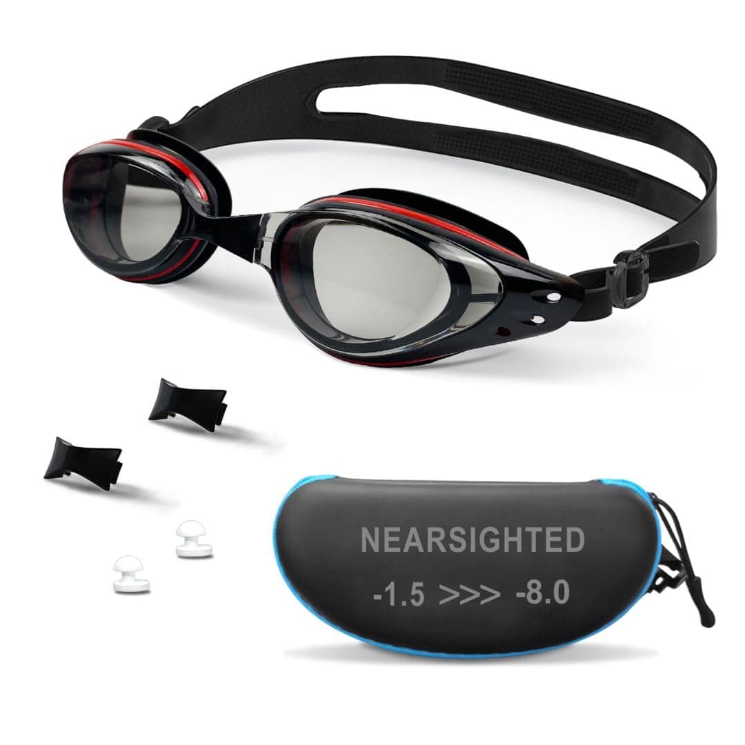 AIKOTOO Swim Goggles Nearsighted Swimming Goggles Shortsighted Swim Goggles Anti Fog UV Protection Fit for Adult Men Women Youth Black And Red 45
