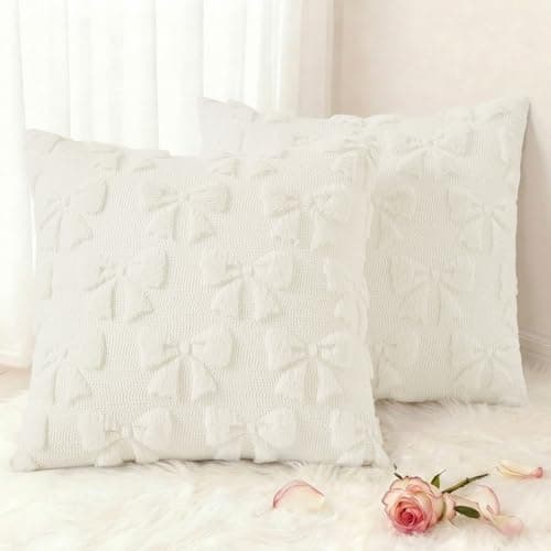 decorUhome Cream White Bow Pillow Covers Set of 2 Coquette Aesthetic Cute Preppy Plush Faux Pillowcases for Girly Bedroom or Couch 18x18 Inch