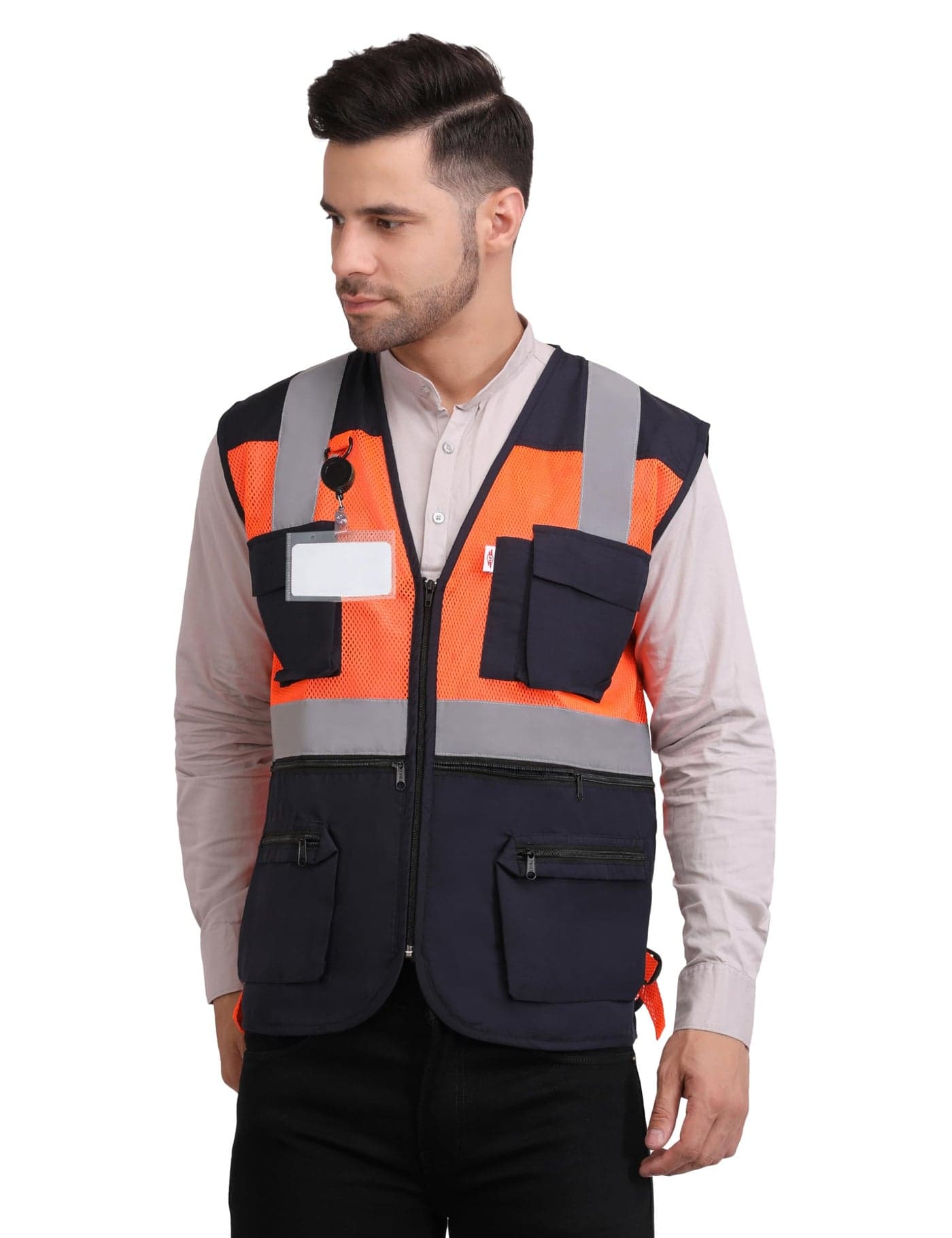 CLUB TWENTY ONE Polyester and Mesh Reflective Jacket, Vest with High Visibility Strips or Tape, Safety Workwear Vest for Men (Orange & Navy Blue, Large)