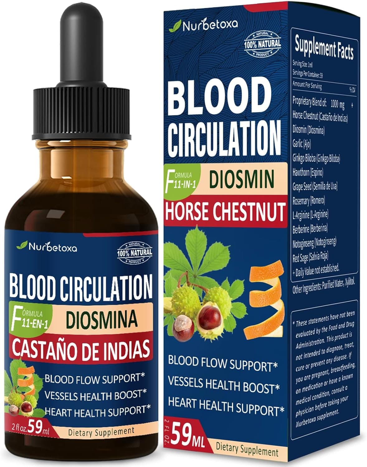 Blood Circulation Horse Chestnut Extract Liquid Drops Castao de Indias y Diosmina para la Circulacion y Varices Nitric Oxide Supplement for Blood Flow Pressure Heart Health2 oz