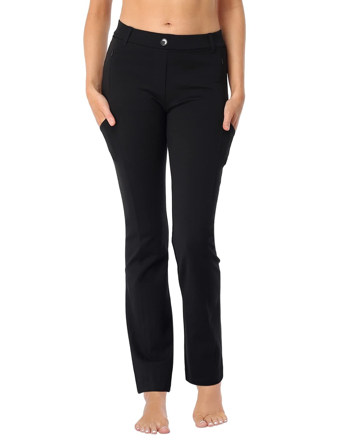 HDE Yoga Dress Pants for Women Straight Leg Pull On Pants with 8 Pockets Black L Short