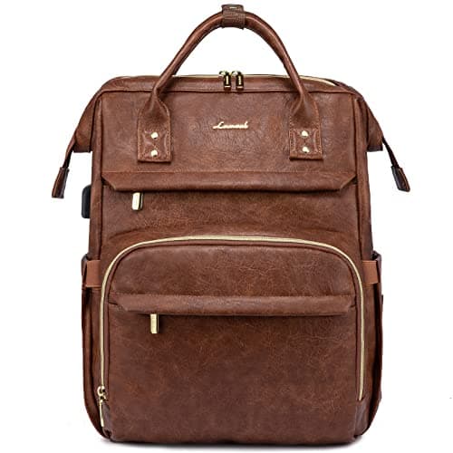 LOVEVOOK Leather Laptop Backpack for Women 17 inch, Travel Backpack Purse, Professional College Business Work Bag with USB Port, Red Brown