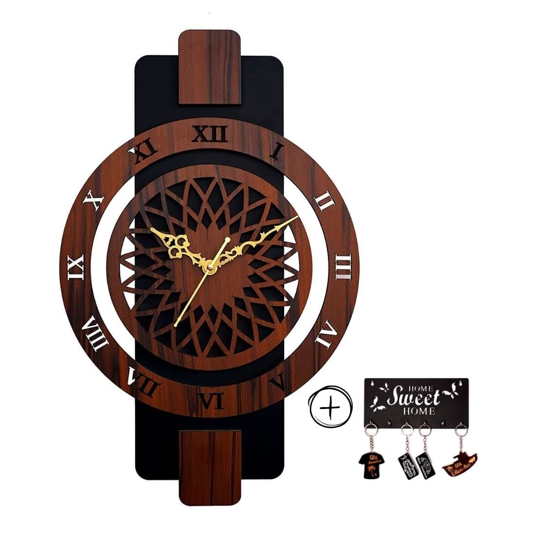 9br Wooden Silent Quartz Movement Wall Clock for Home Big Size Living Room Hall Bedroom Stylish Clock II Stylish Wall Clock for Home Decor Brown with Key Holder 311 Rect Roman
