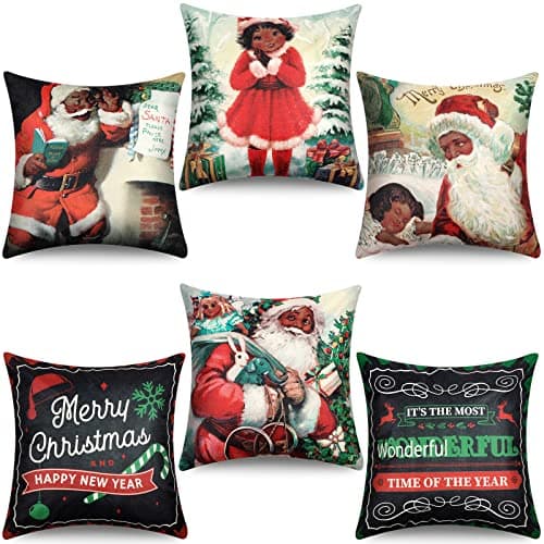 Oudain 6 Pcs Christmas Santa Claus Girl Throw Pillow Cover African American Santa Cushion Decoration 18 x 18 Inch Geometric Flower Linen Pillowcase Holiday Decoration for Sofa Couch Bed Santa Style