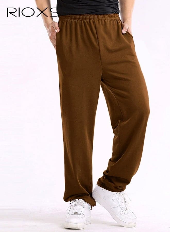 Men's Dark Brown Casual Pants, Relaxed Fit Straight Leg Lounge Pants, Mid-Rise Elastic Waist Comfort Trousers with Side Pockets, Soft Stretch Home Wear Pants for Men, Breathable Everyday Joggers, Spring Summer Essential Wardrobe