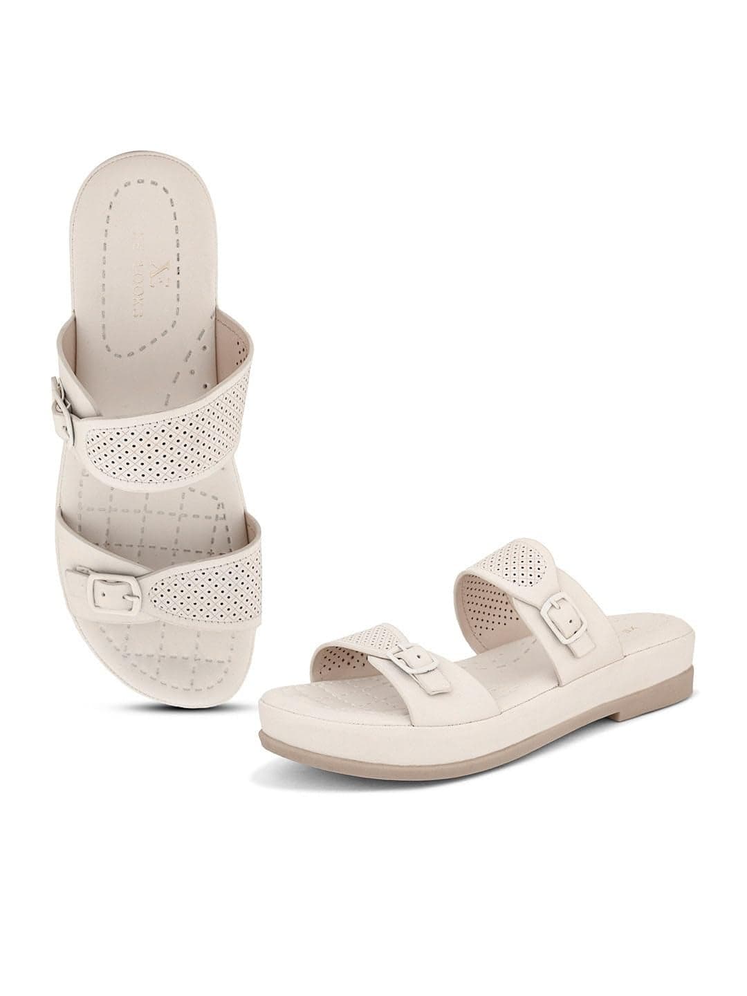 XE Looks Elegant Light Cream Buckle Sandals - Perforated Comfort for Everyday Style
