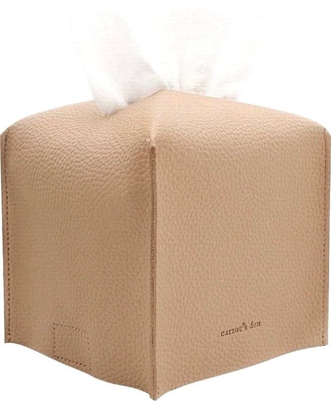 Tissue Box Cover Holder Square with Bottom Belt by Carrots Den PU Leather Decorative Organizer for Tabletop Bathroom Car Office Beige